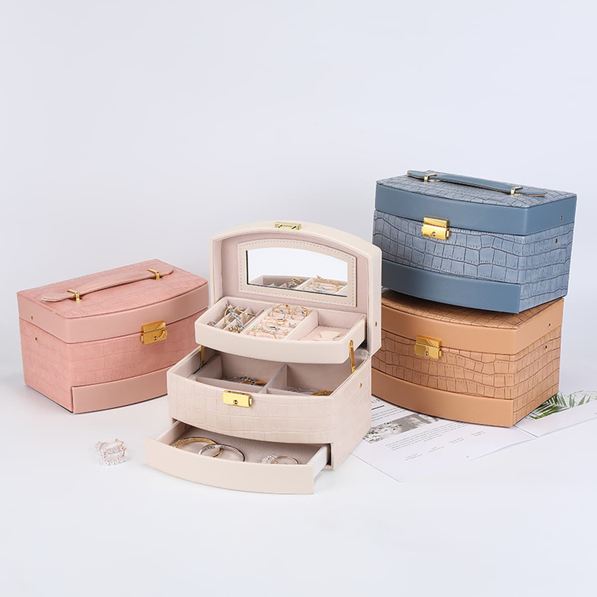 Новая многослойная шкатулка с крокодиловым узором из искусственной кожи трехслойная шкатулка для драгоценностей серьги...
