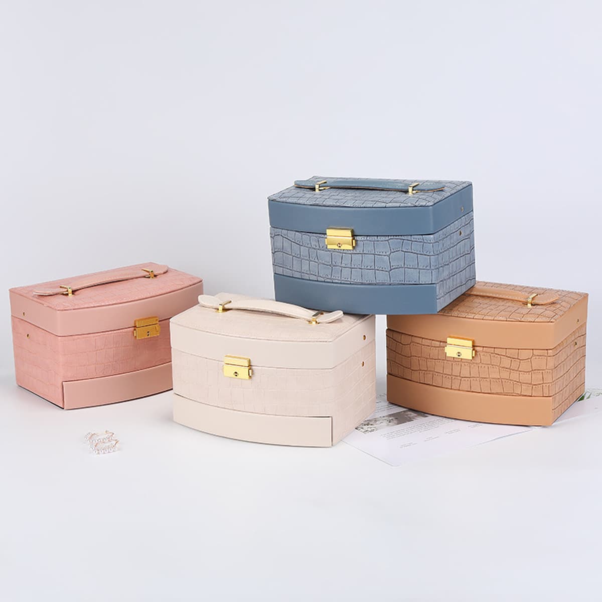 Новая многослойная шкатулка с крокодиловым узором из искусственной кожи трехслойная шкатулка для драгоценностей серьги...