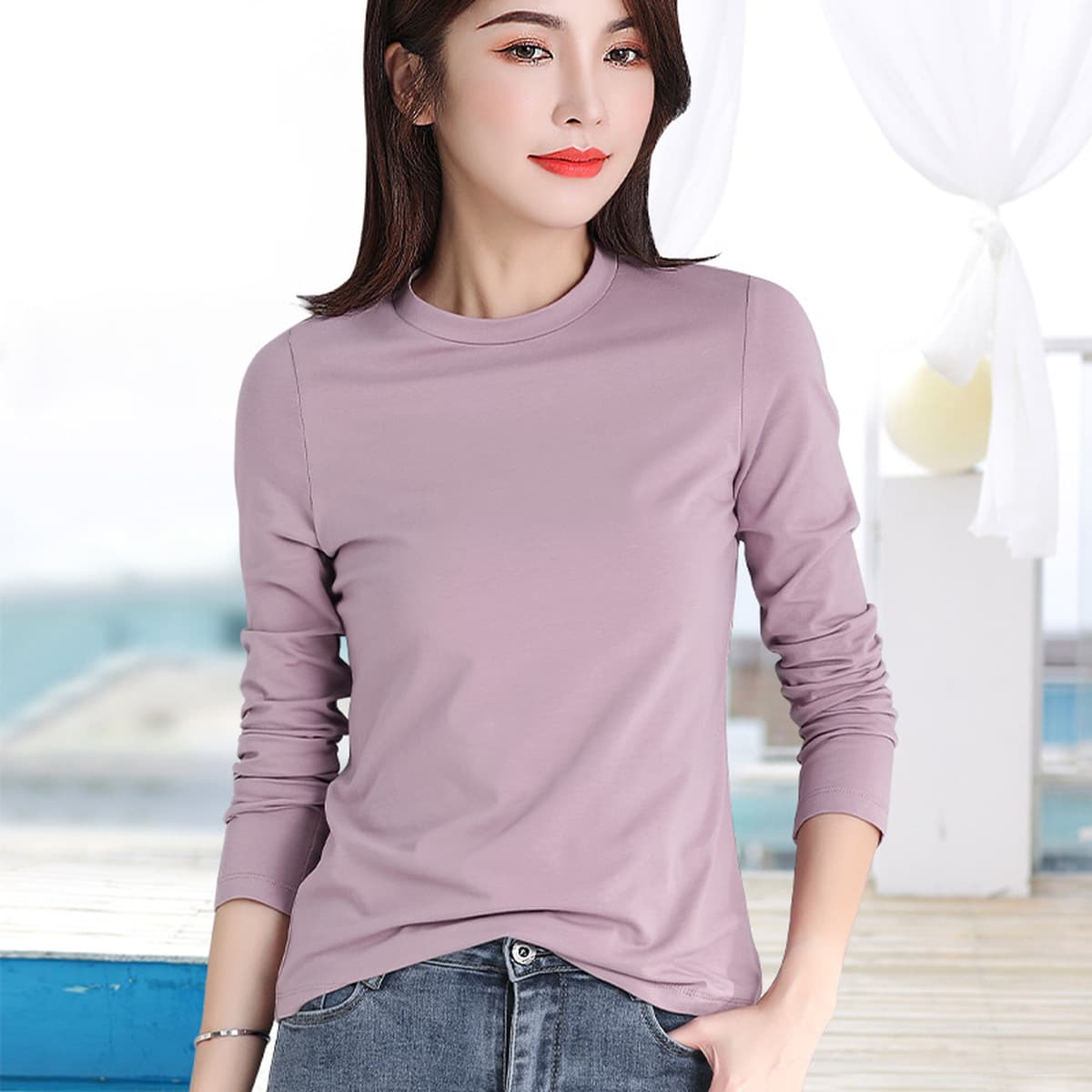 Футболка с длинными рукавами из хлопка женская тонкая внутренняя нижняя рубашка