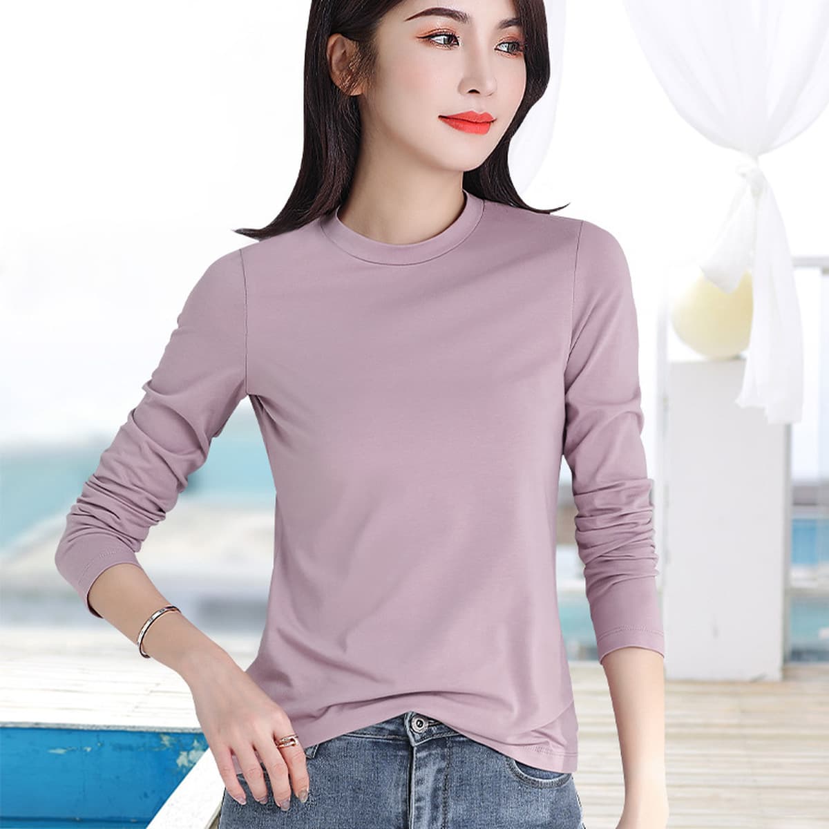 Футболка с длинными рукавами из хлопка женская тонкая внутренняя нижняя рубашка