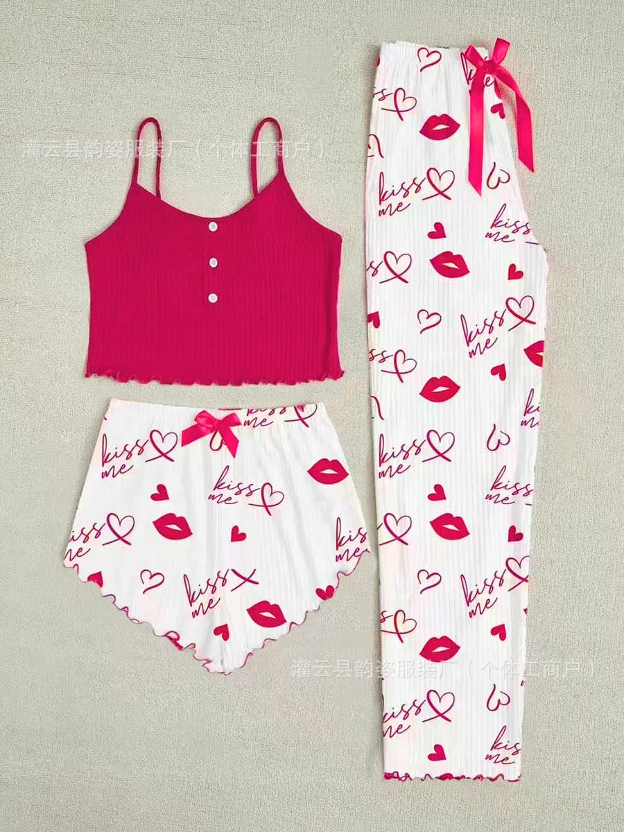 Комплект из трех предметов: сексуальная женская домашняя одежда (топ, шорты, брюки) для осени и зимы, оптом