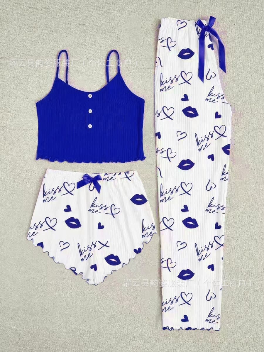 Комплект из трех предметов: сексуальная женская домашняя одежда (топ, шорты, брюки) для осени и зимы, оптом