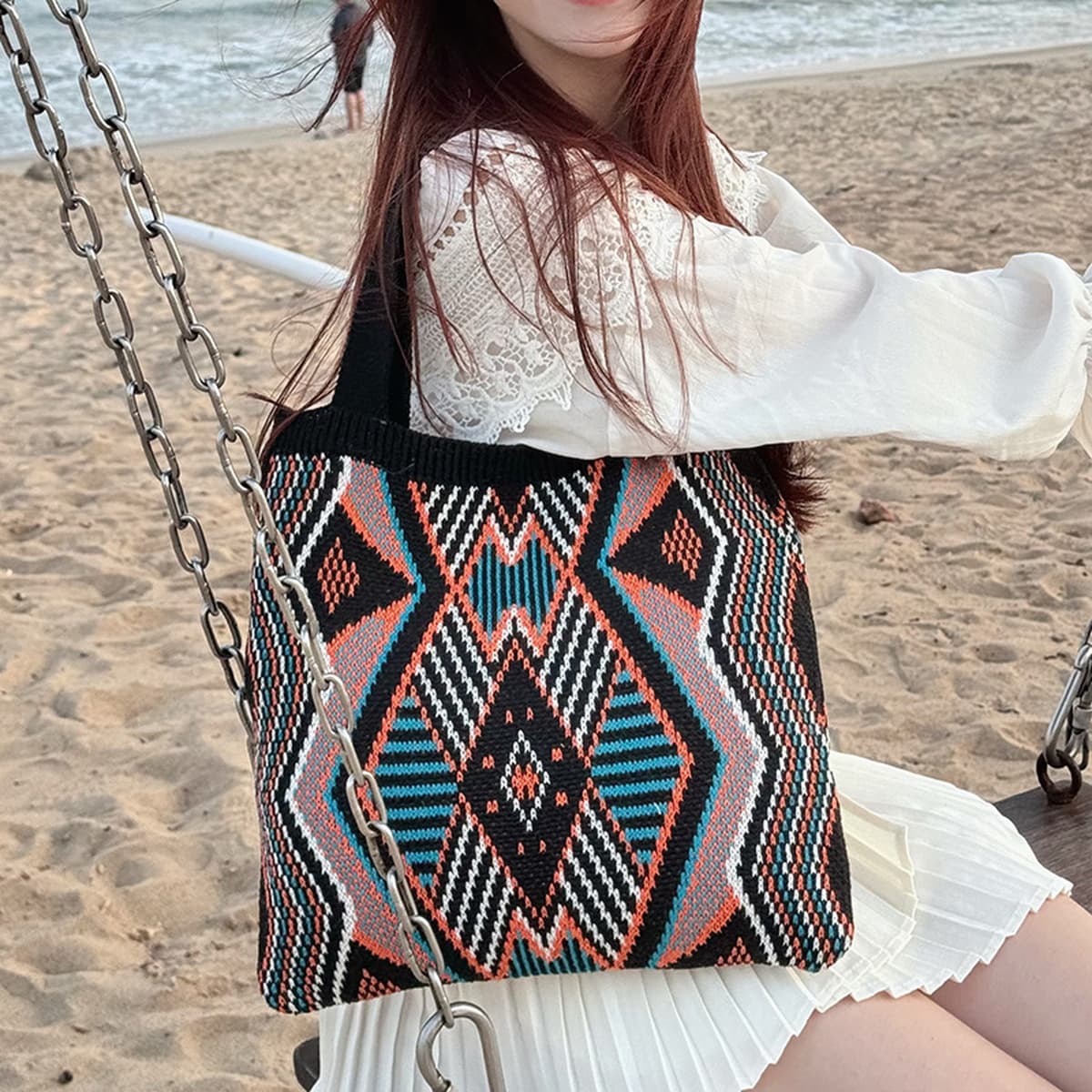 Вязаная сумка для женщин, большая вместимость, сумка через плечо в стиле casual, для отдыха на море, плетеная сумка в лесном...