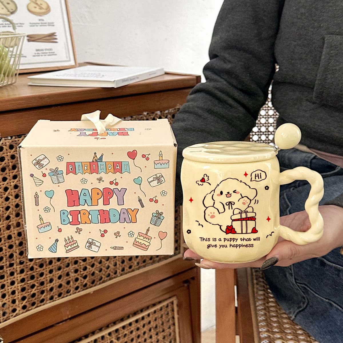 Симпатичная линия щенок чашка воды с высоким значением керамическая кружка с крышкой ложка подарок на день рождения для...