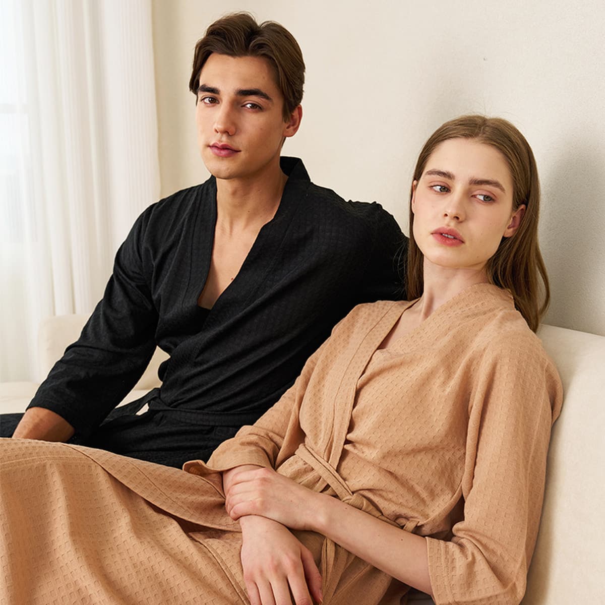 Весенне-летний халат для женщин, тонкая вафельная ночная рубашка для пар для мужчин и женщин, летний халат с рукавом три...