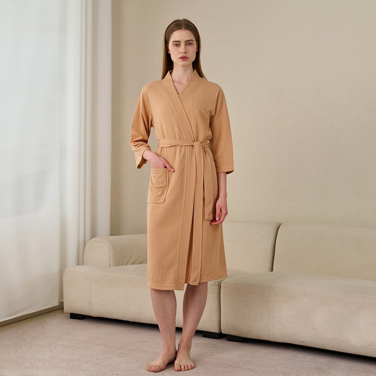 Весенне-летний халат для женщин, тонкая вафельная ночная рубашка для пар для мужчин и женщин, летний халат с рукавом три...