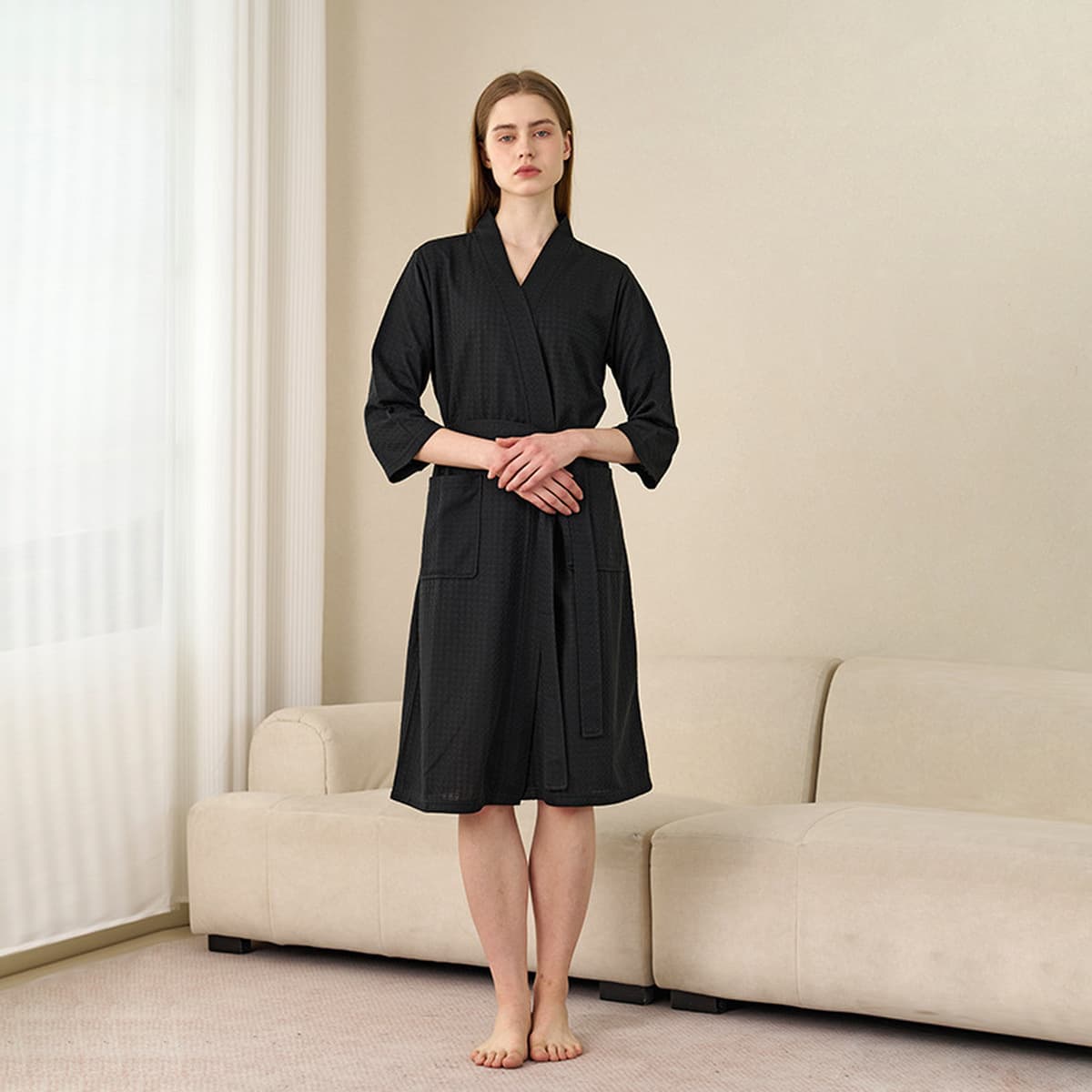 Весенне-летний халат для женщин, тонкая вафельная ночная рубашка для пар для мужчин и женщин, летний халат с рукавом три...