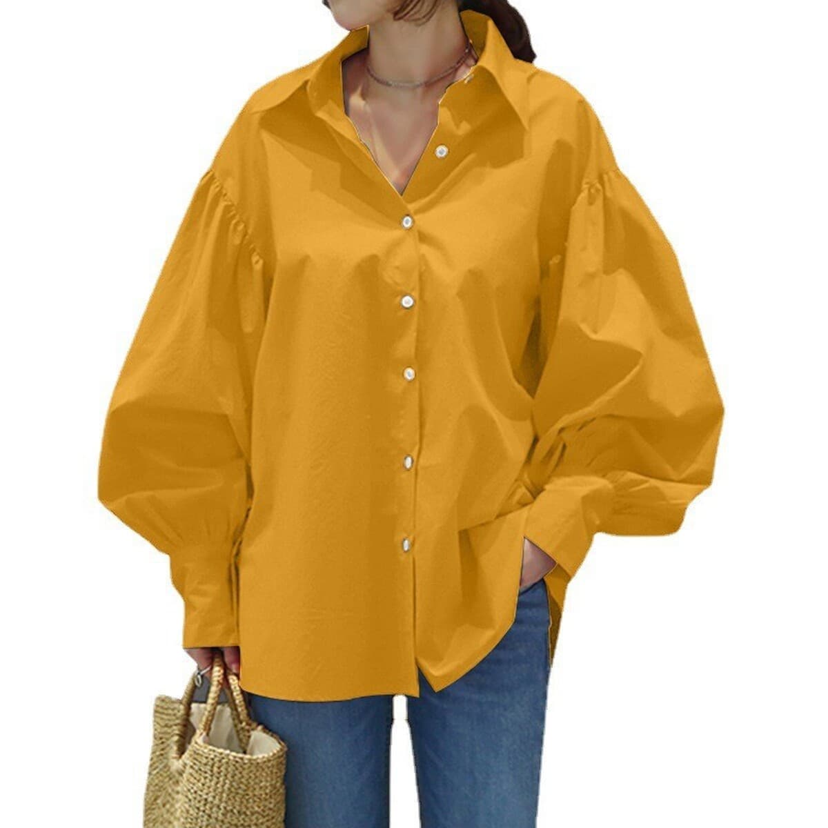 Повседневная рубашка, повседневный топ с рукавами-фонариками и лацканами, 2025 г., однотонный топ в стиле ретро, женская...