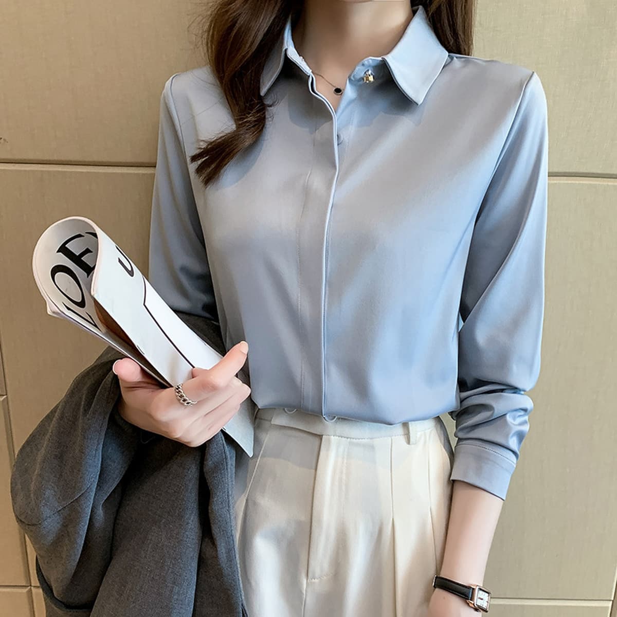 Женская рубашка из сатина для деловых встреч и собеседований, осень-зима 2025, белая, немнущаяся, с длинным рукавом,...