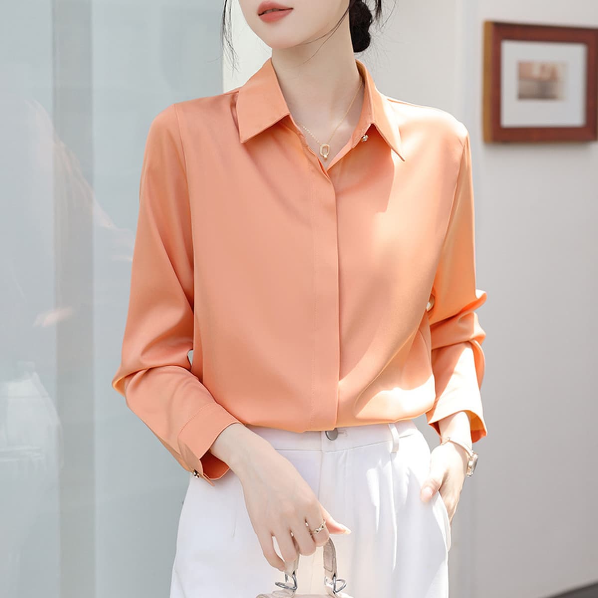 Женская рубашка из сатина для деловых встреч и собеседований, осень-зима 2025, белая, немнущаяся, с длинным рукавом,...