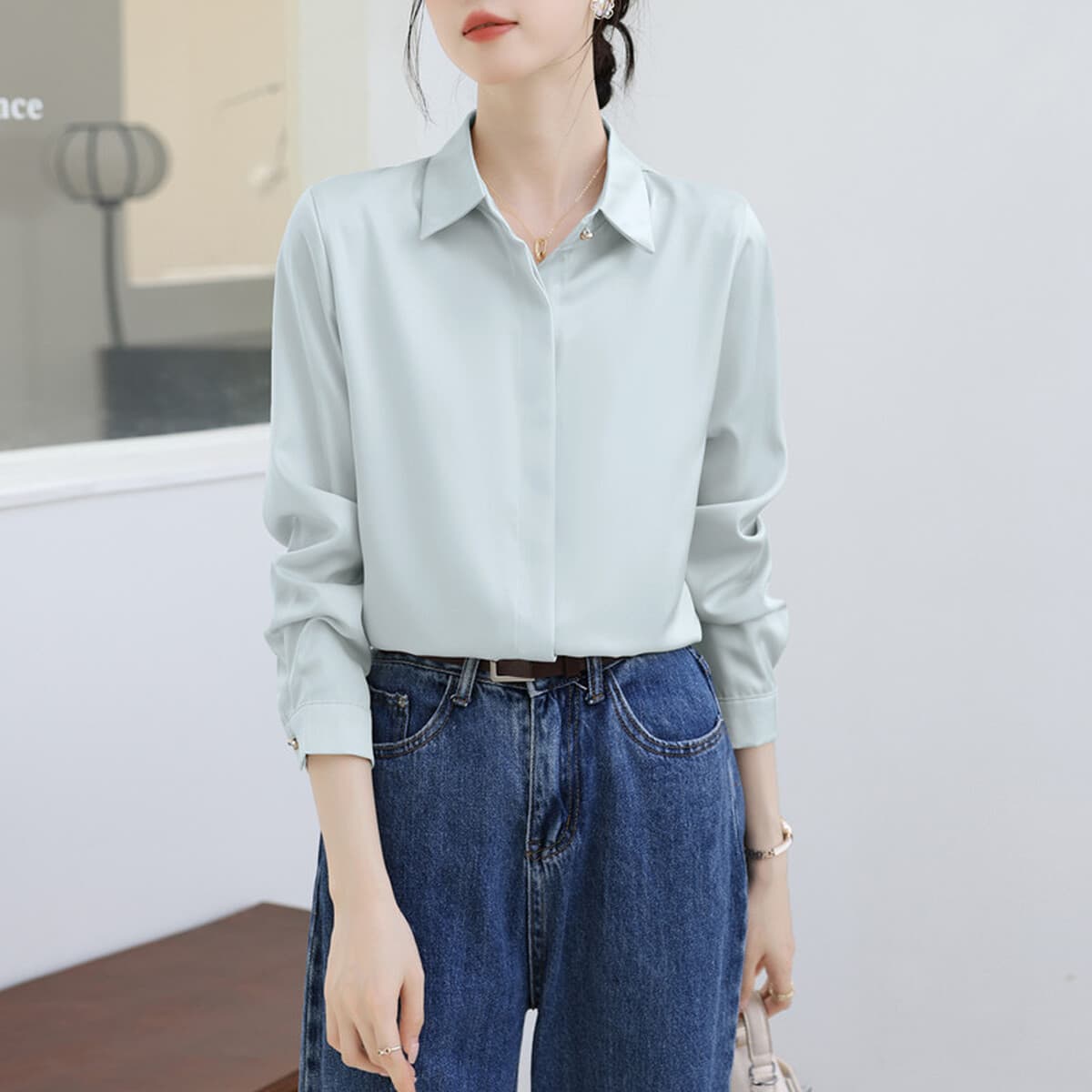 Женская рубашка из сатина для деловых встреч и собеседований, осень-зима 2025, белая, немнущаяся, с длинным рукавом,...