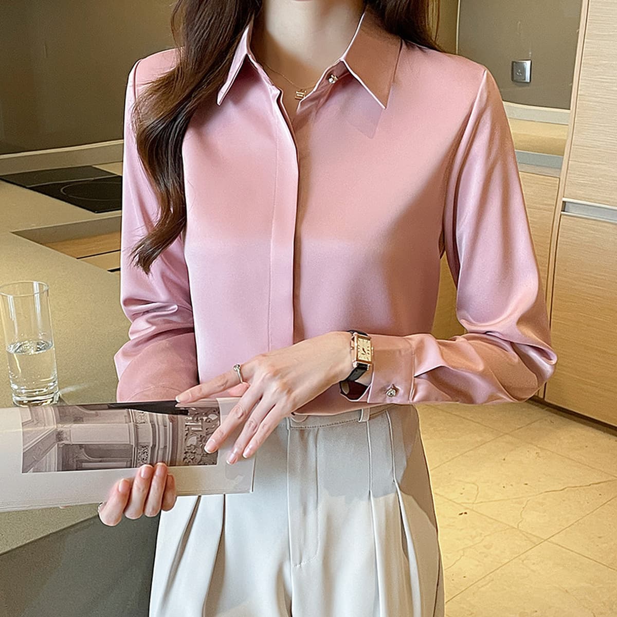 Женская рубашка из сатина для деловых встреч и собеседований, осень-зима 2025, белая, немнущаяся, с длинным рукавом,...