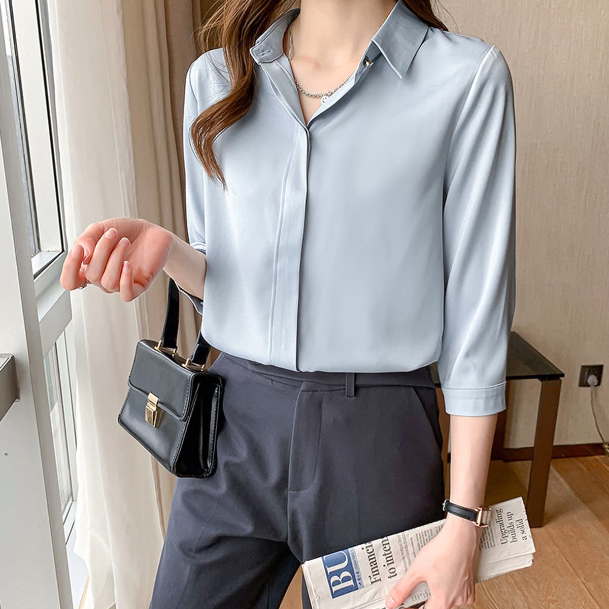 Женская рубашка из сатина для деловых встреч и собеседований, осень-зима 2025, белая, немнущаяся, с длинным рукавом,...