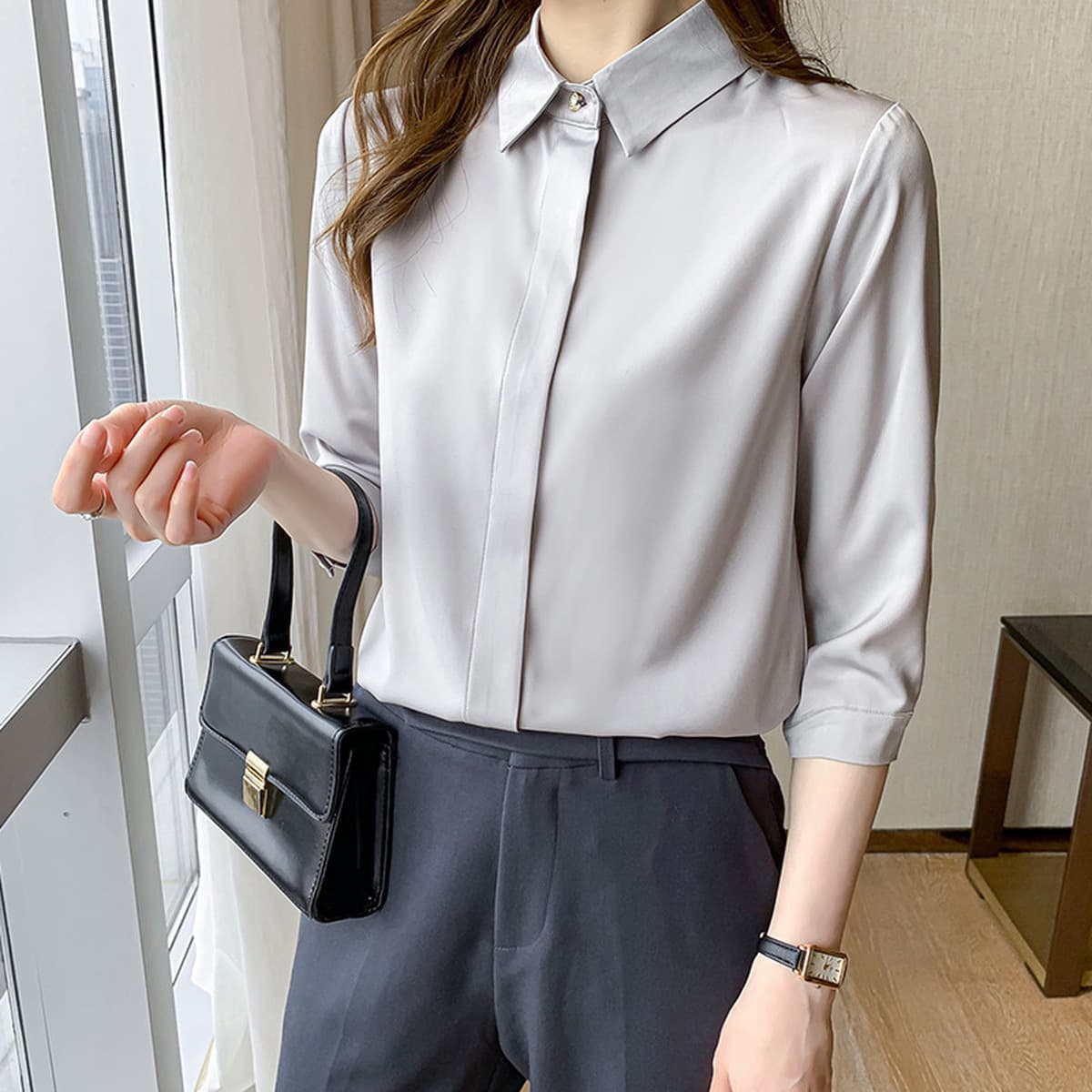 Женская рубашка из сатина для деловых встреч и собеседований, осень-зима 2025, белая, немнущаяся, с длинным рукавом,...