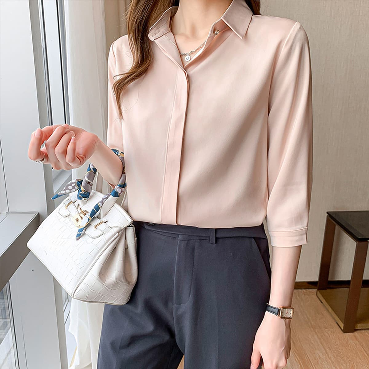 Женская рубашка из сатина для деловых встреч и собеседований, осень-зима 2025, белая, немнущаяся, с длинным рукавом,...