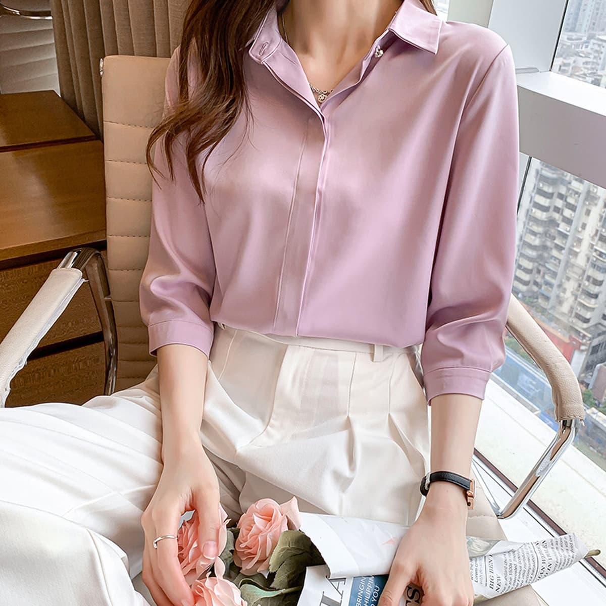 Женская рубашка из сатина для деловых встреч и собеседований, осень-зима 2025, белая, немнущаяся, с длинным рукавом,...