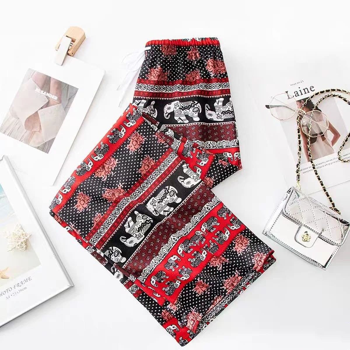 Юго-Восточная Азия тайский этнический слон широкие брюки женские летние свободные тонкие прямые брюки с высокой талией...