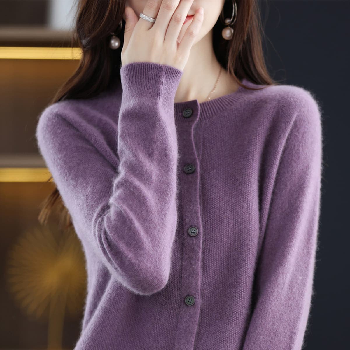 Шерстяной кардиган трикотажный кардиган женский тонкий свитер пальто осенью и зимой с круглым вырезом с длинными рукавами...