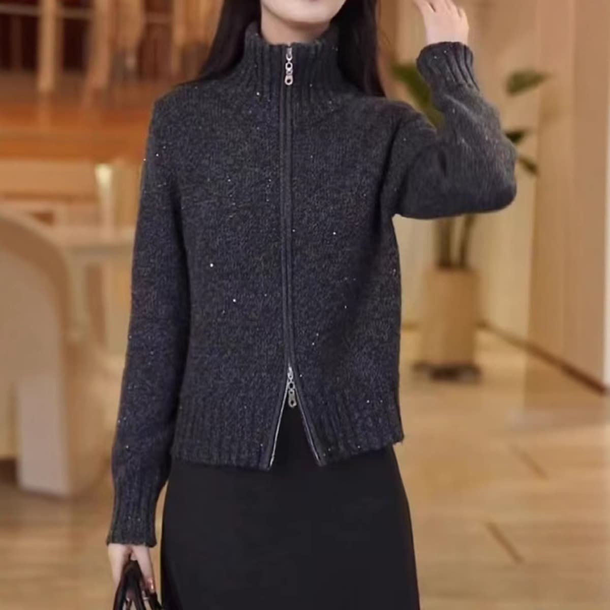 Женский свитер-кардиган с высоким воротником, осенне-зимний, в стиле «ленивый шик», стройнящий, с двойной молнией, вязаный,...