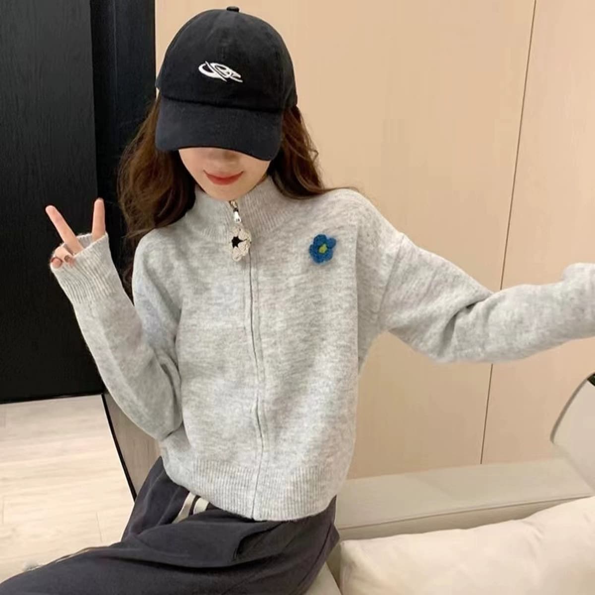 Серый свитер с высоким воротником и молнией того же дизайна для женщин, весенний, осенний и зимний маленький свободный...