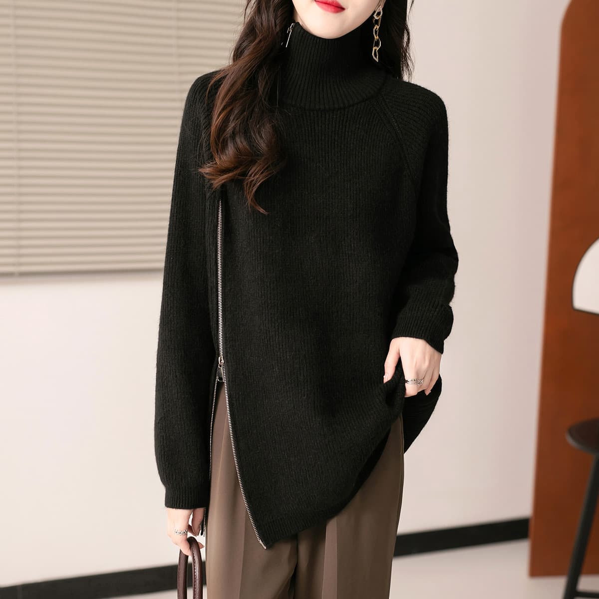 Осенний и зимний толстый иностранный свитер кардиган на молнии топ куртка с длинными рукавами