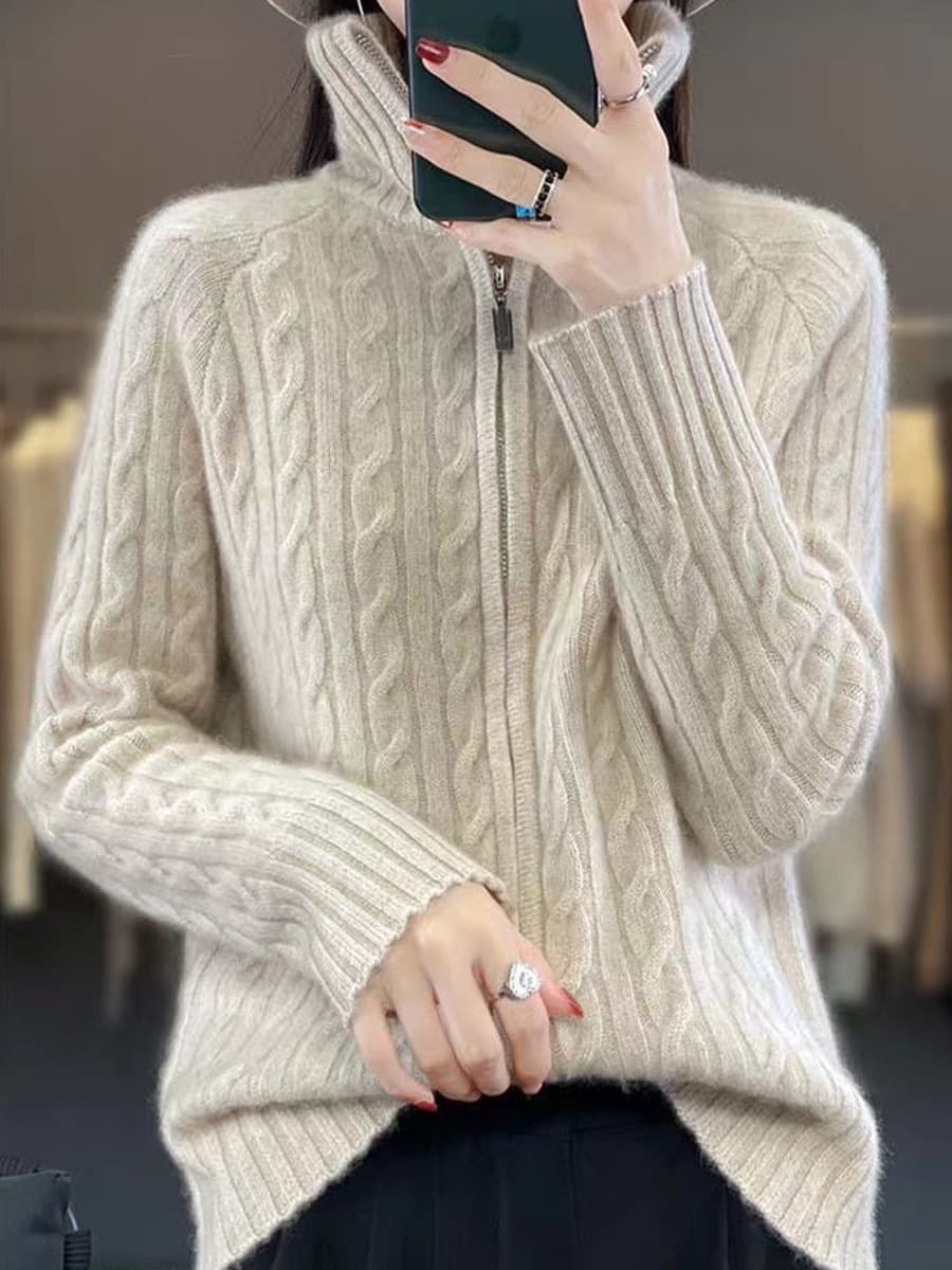 Осенне-зимний женский кардиган с высоким воротником из искусственной шерсти, свитер крупной вязки на молнии, свободное...