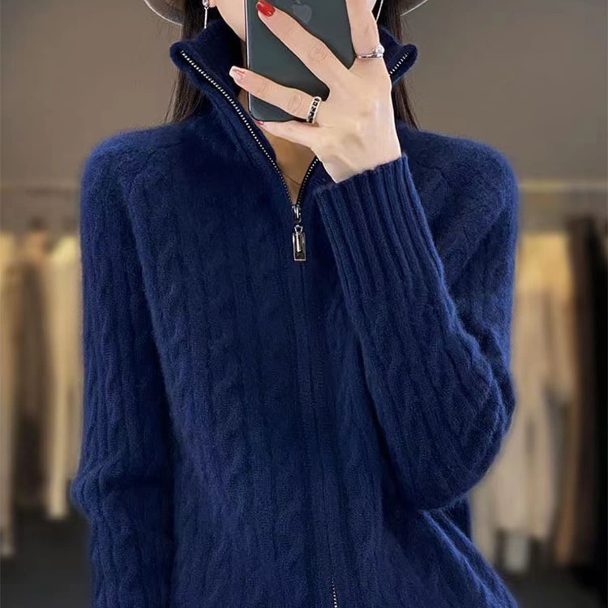 Осенне-зимний женский кардиган с высоким воротником из искусственной шерсти, свитер крупной вязки на молнии, свободное...
