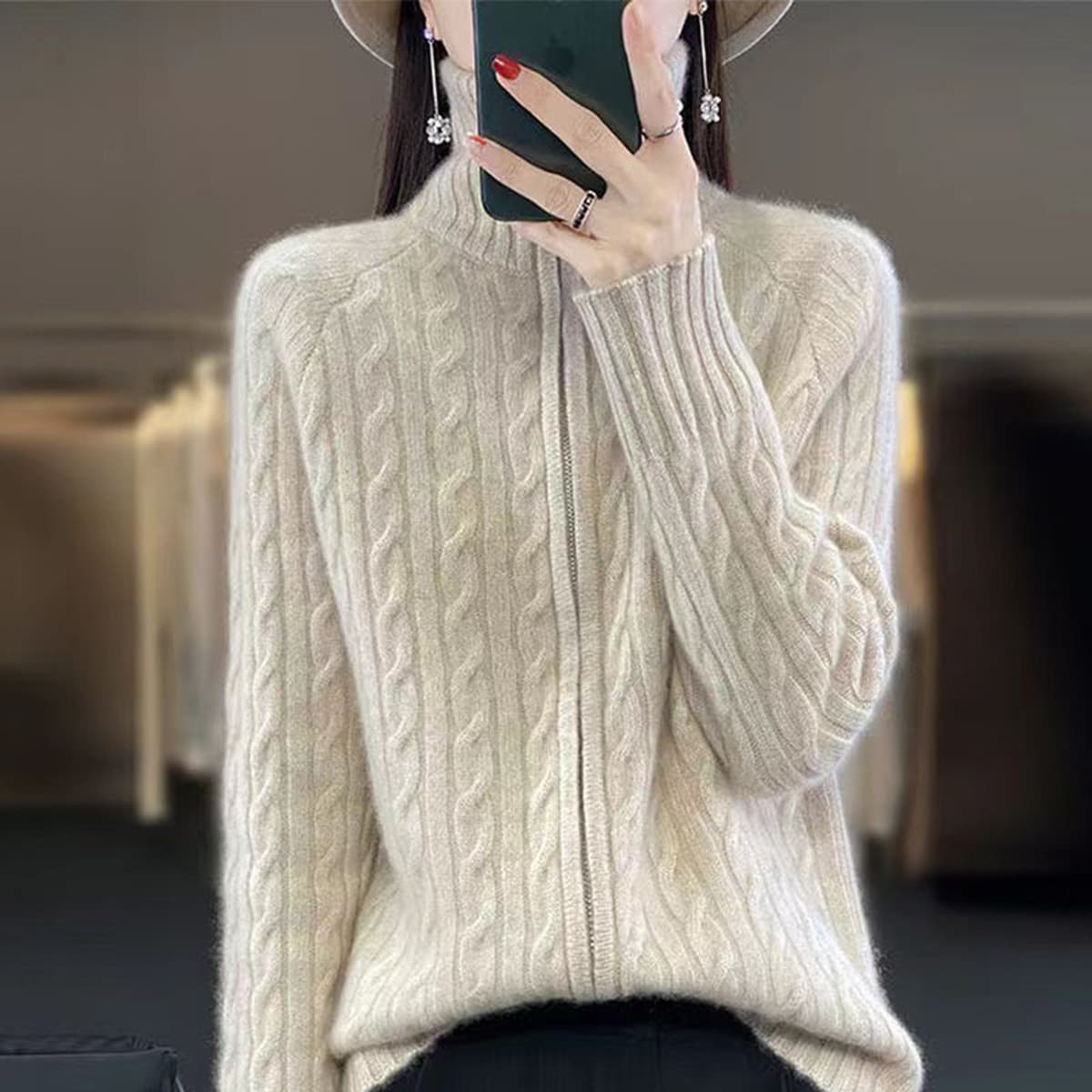 Осенне-зимний женский кардиган с высоким воротником из искусственной шерсти, свитер крупной вязки на молнии, свободное...