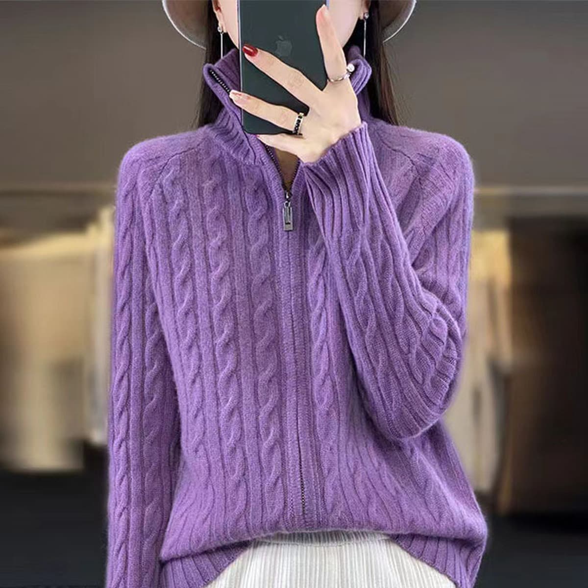 Осенне-зимний женский кардиган с высоким воротником из искусственной шерсти, свитер крупной вязки на молнии, свободное...
