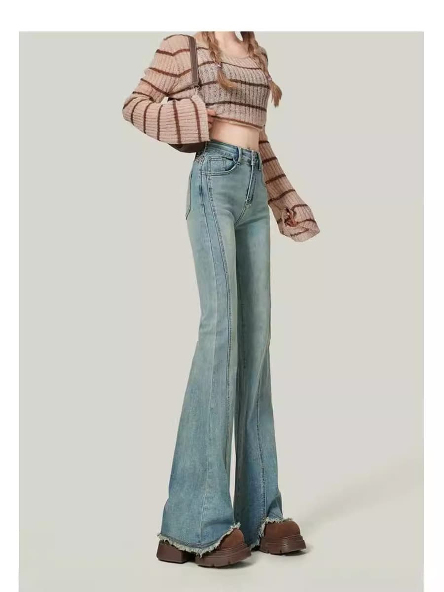 Светло-голубые микро-клеш джинсы с необработанным краем для женщин, осень 2024, новые утягивающие брюки с высокой талией в...