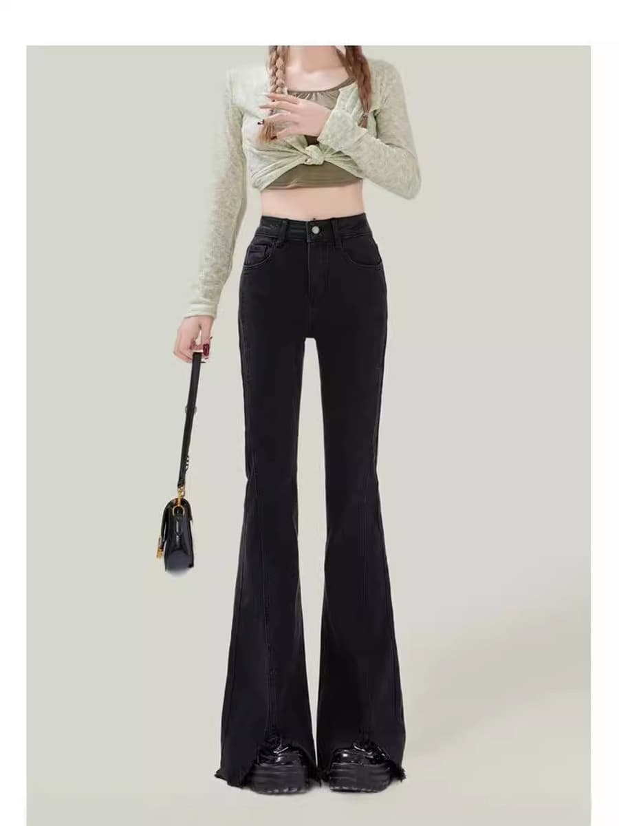 Светло-голубые микро-клеш джинсы с необработанным краем для женщин, осень 2024, новые утягивающие брюки с высокой талией в...