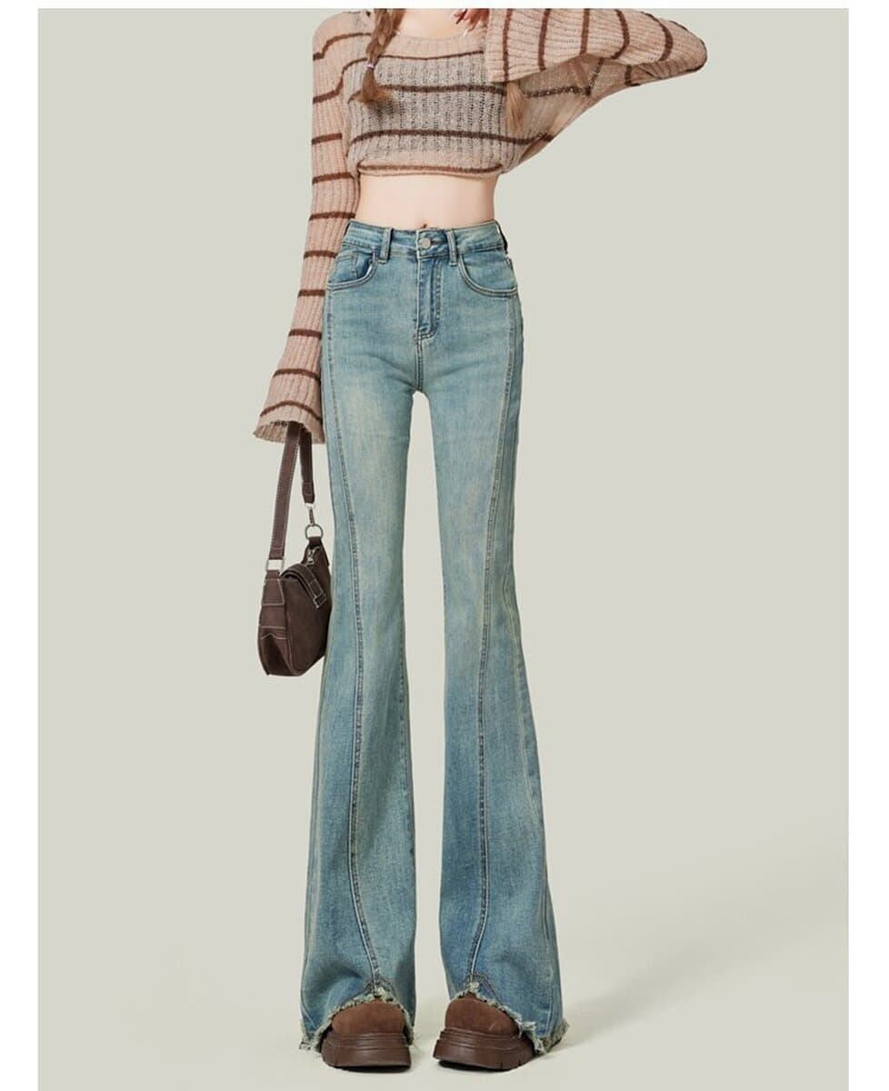 Светло-голубые микро-клеш джинсы с необработанным краем для женщин, осень 2024, новые утягивающие брюки с высокой талией в...