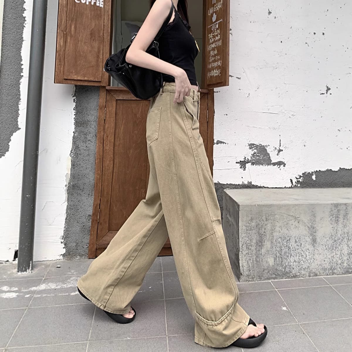 Джинсы женские свободного кроя с широкими штанинами, новинка 2025 года, широкие брюки цвета хаки, прямые джинсы-слим с...