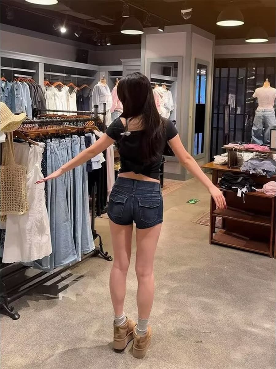 Американский ретро горячая девушка с низкой талией сине-серые джинсовые шорты женские летние новые узкие бедра эластичные...