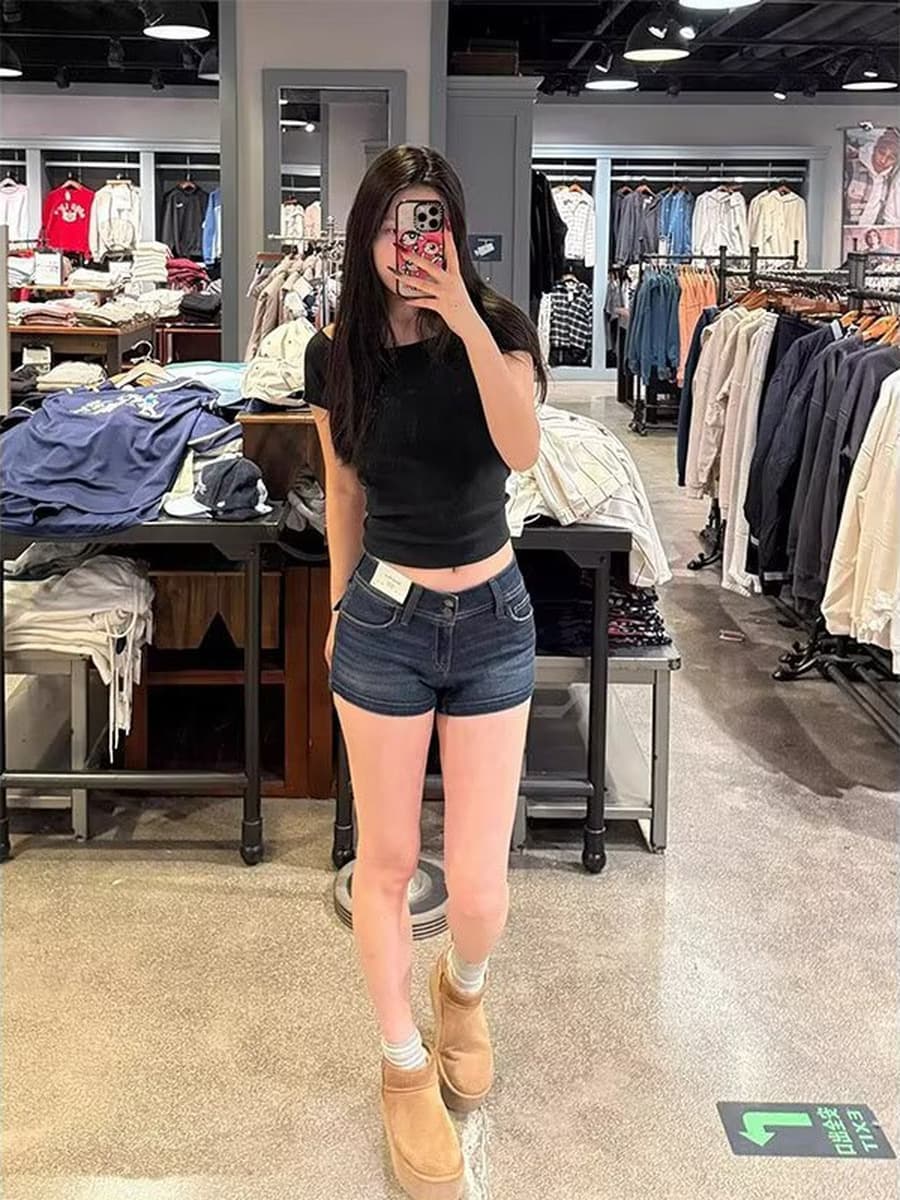 Американский ретро горячая девушка с низкой талией сине-серые джинсовые шорты женские летние новые узкие бедра эластичные...