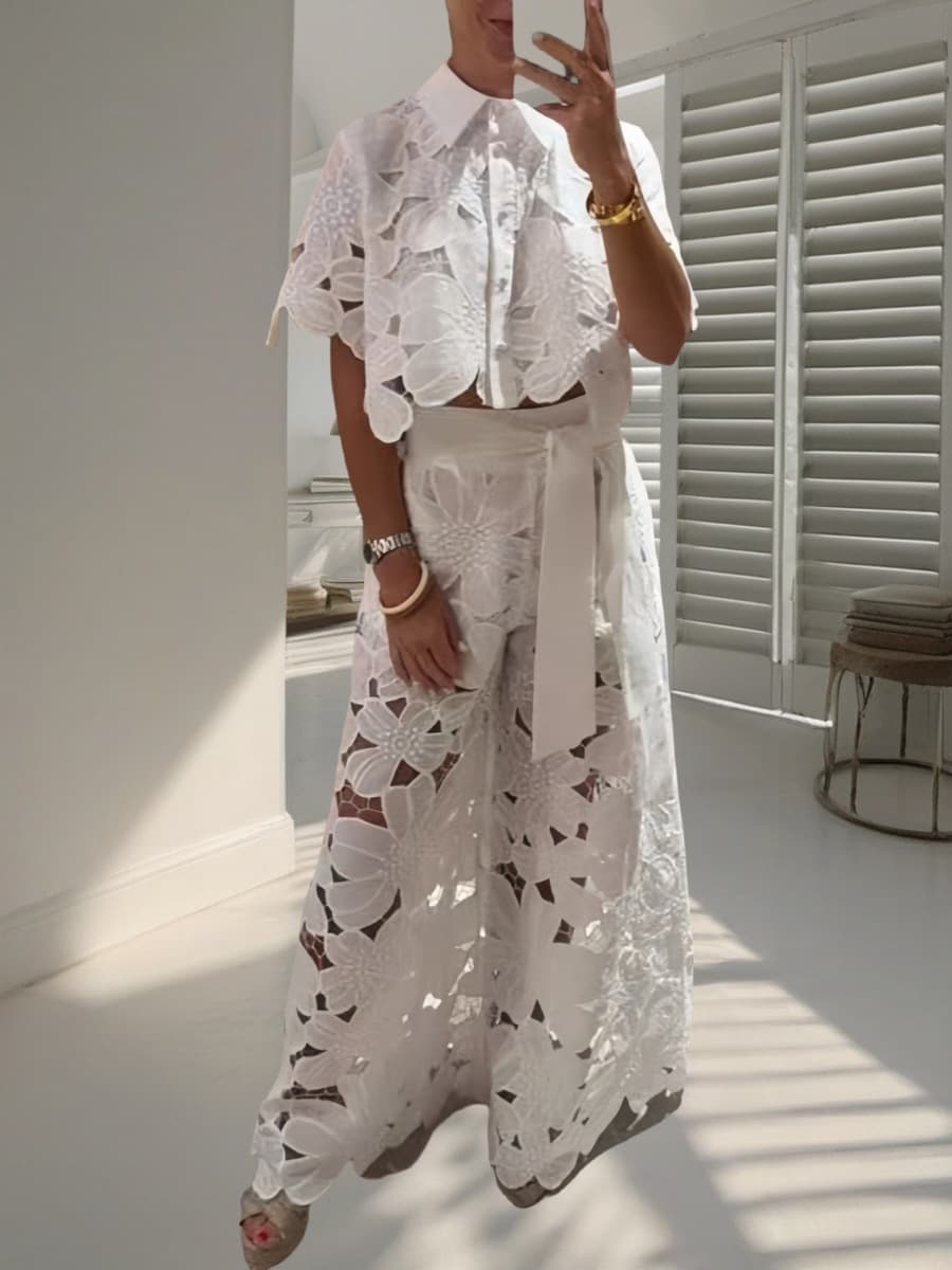 2025 летний новый трансграничный европейский и американский женский костюм сплошной цвет повседневный ажурный кардиган топ...