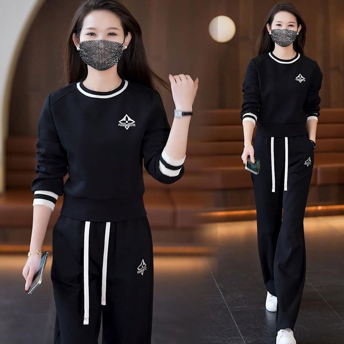 Европейская станция повседневная спортивная одежда набор дамы весенний и осенний свободный модный круглый воротник...