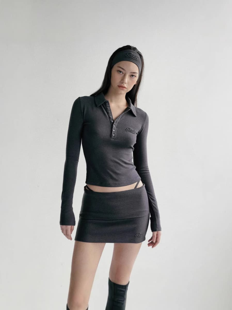 Badblood древесный уголь серый с длинными рукавами нижняя рубашка женский ретро вышивка поло воротник тонкая топочка осень