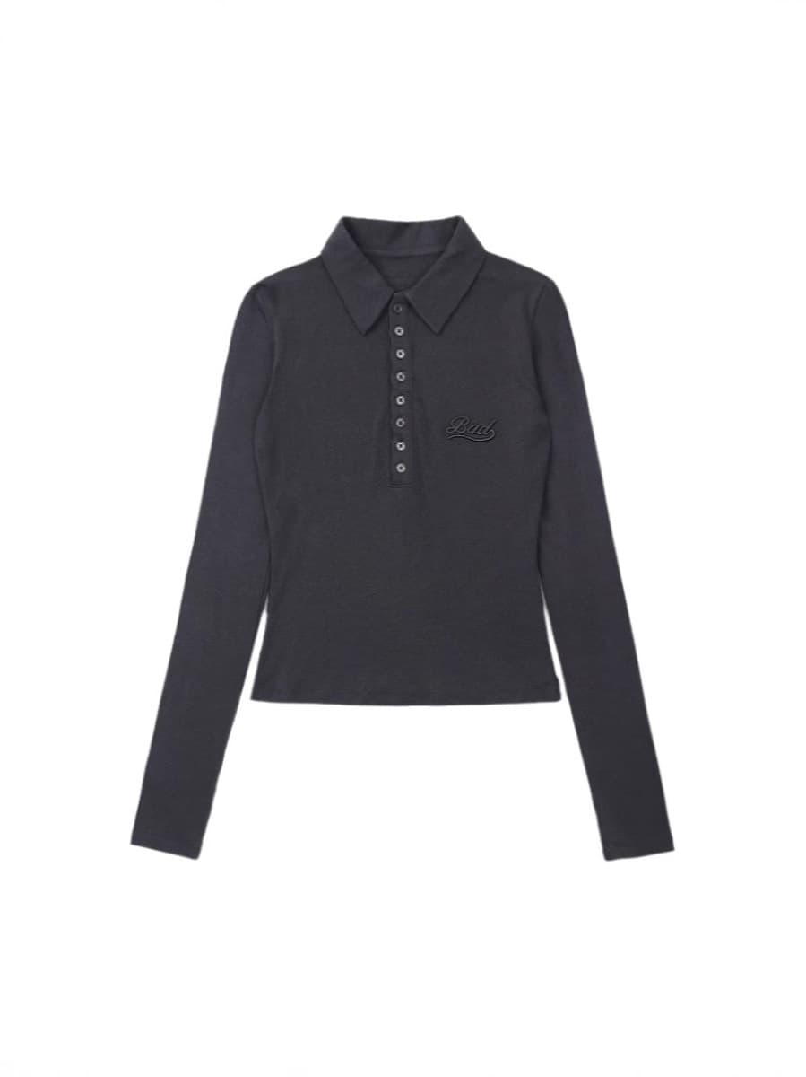 Badblood древесный уголь серый с длинными рукавами нижняя рубашка женский ретро вышивка поло воротник тонкая топочка осень