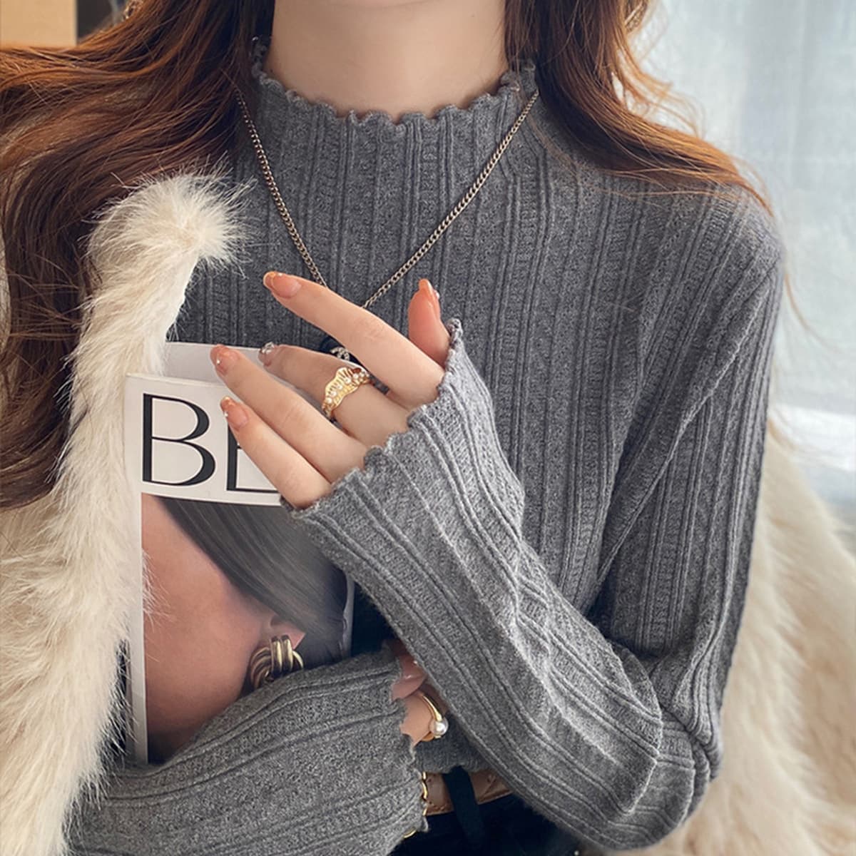 Изогнутый белый деревянный ушной свитер с половинным вырезом женский осенний и зимний новый текстурный свитер с нижней...