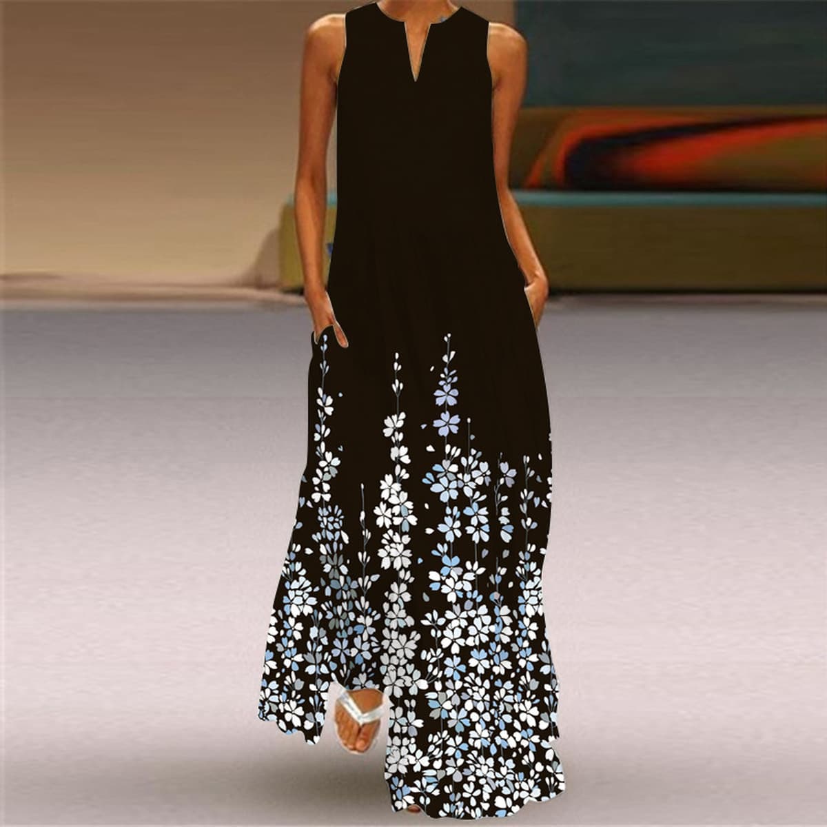 Новое летнее женское платье 2026 года без рукавов с V-образным вырезом, с принтом, сексуальное, длинное, в европейском и...