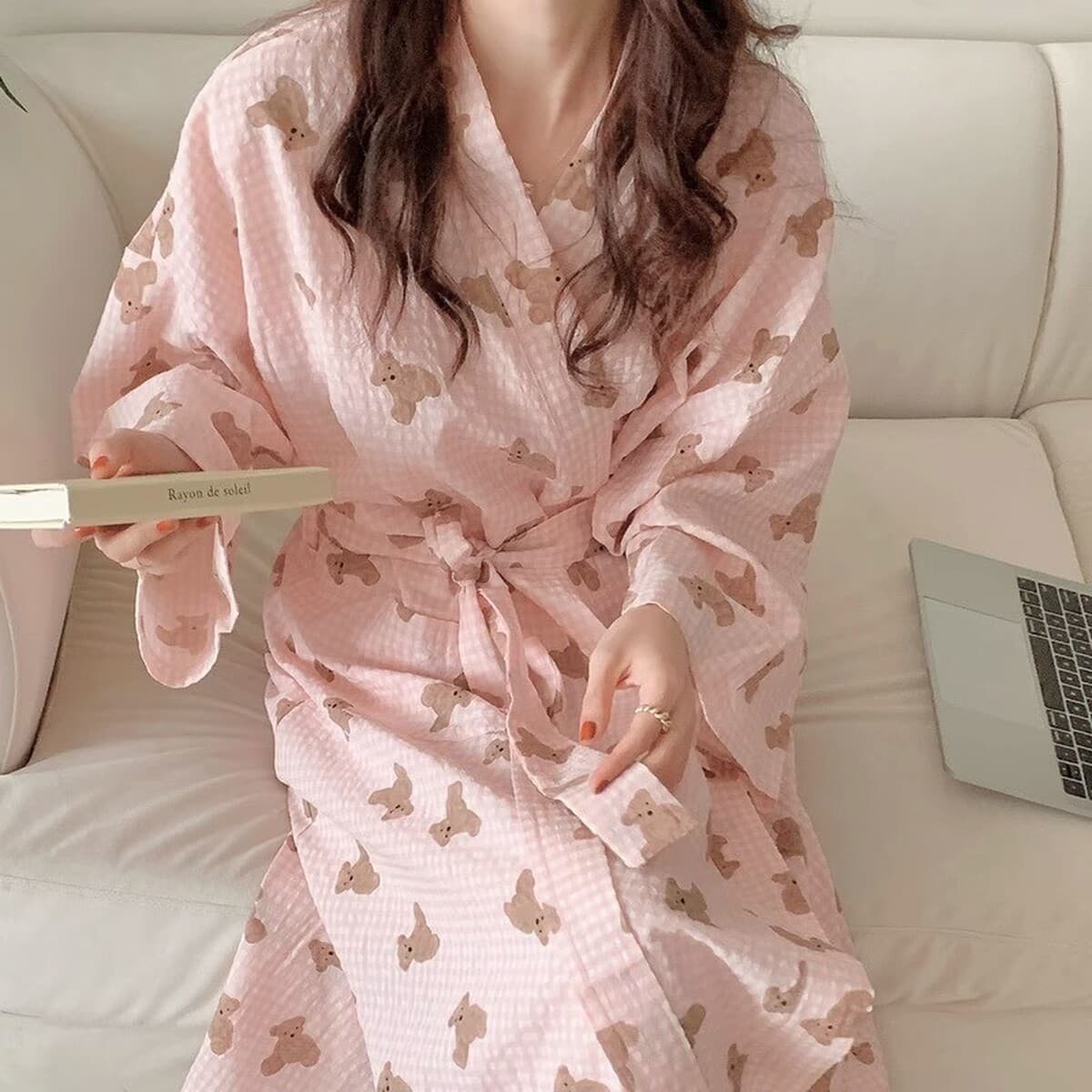 Ночная одежда женская весна и осень новый японский стиль милый халат в клетку маленький медведь с длинными рукавами...