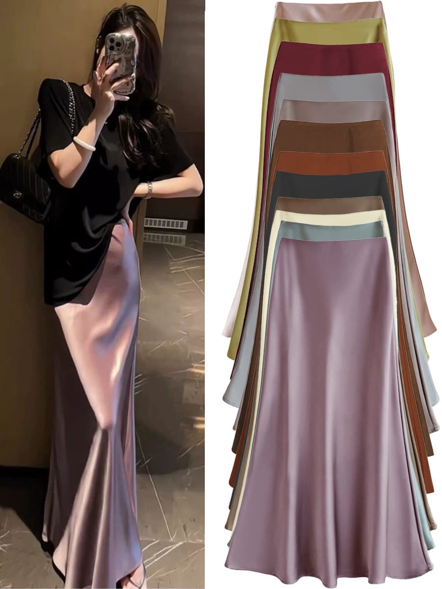 Французская легкая роскошная юбка из сатина для женщин, весенне-осенняя юбка-карандаш с высокой талией, юбка-зонтик, длинная...