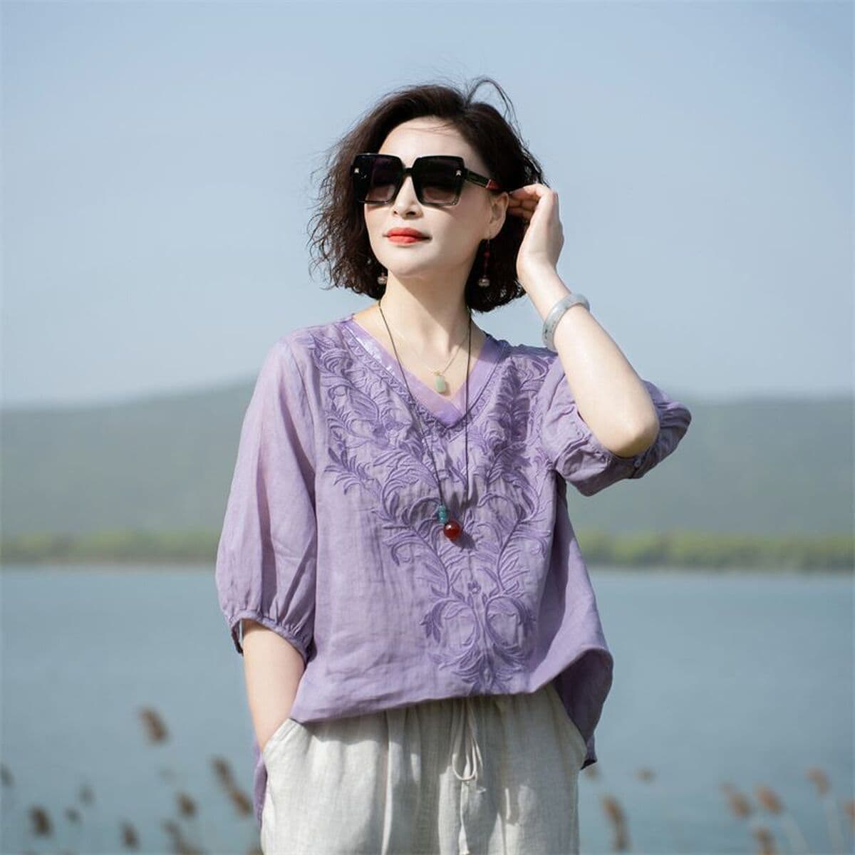 Высококачественная хлопковая и льняная вышивка рубашка женская лето 2023 года