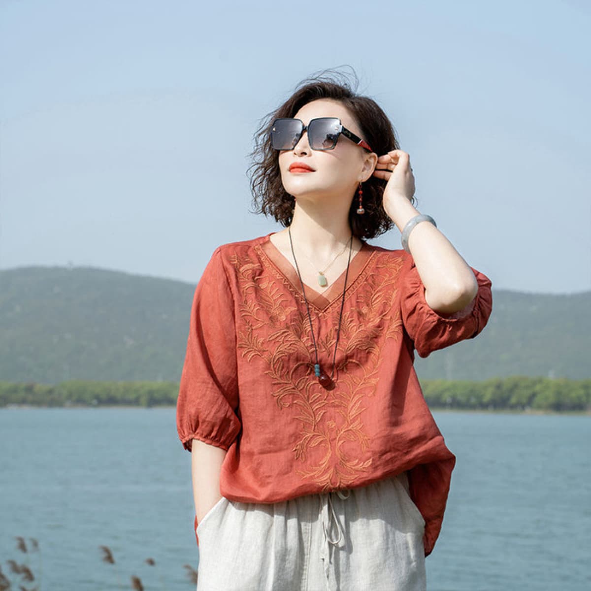 Высококачественная хлопковая и льняная вышивка рубашка женская лето 2023 года