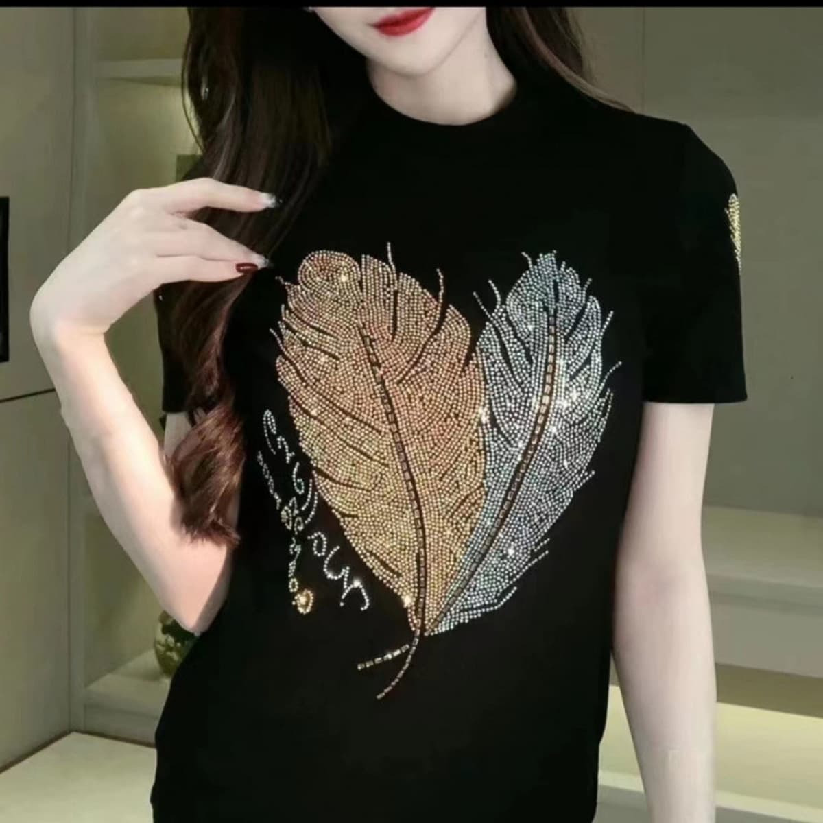 Блестящая женская летняя футболка с короткими рукавами, круглый вырез, стройнящий вид, сверхпрочный топ большого размера для...