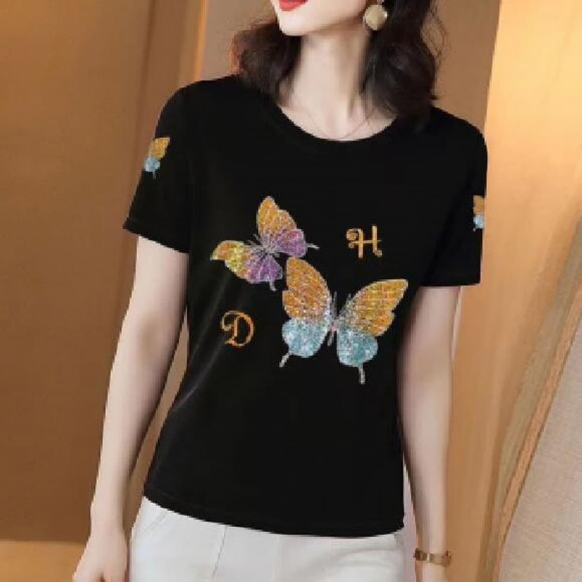 Блестящая женская летняя футболка с короткими рукавами, круглый вырез, стройнящий вид, сверхпрочный топ большого размера для...