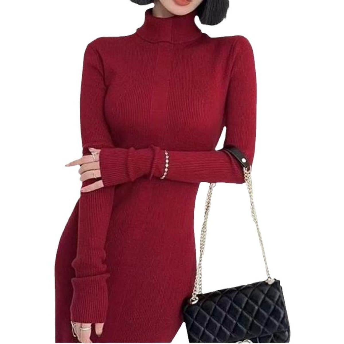 2024 высокий осенний и зимний высокий воротник супер длинное свитер платье плюс длинное рукава тонкое вязаное платье для...