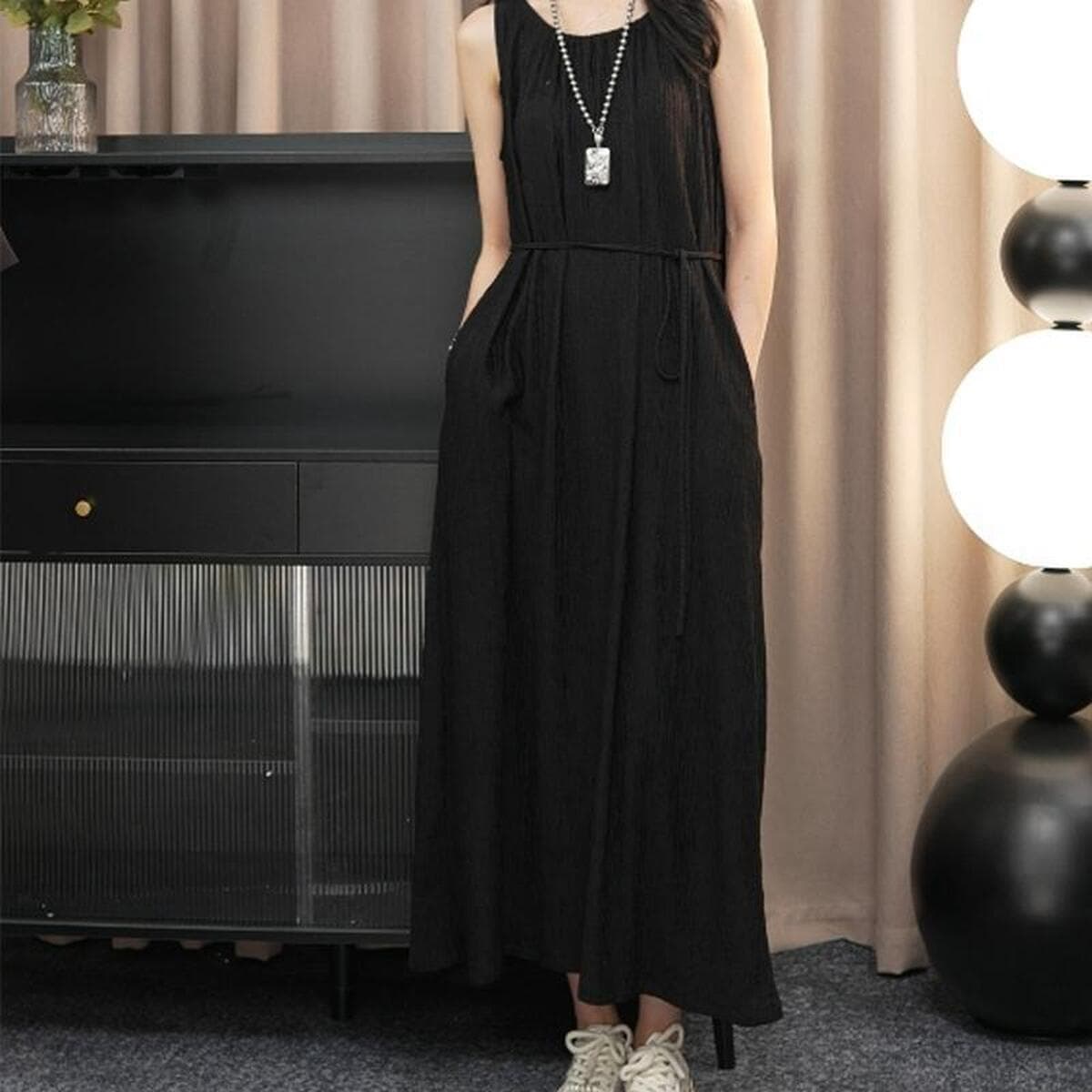 Французское ретро карманное платье женское лето тонкое мясо модное без рукавов