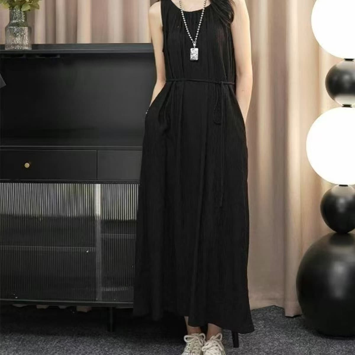 Французское ретро карманное платье женское лето тонкое мясо модное без рукавов